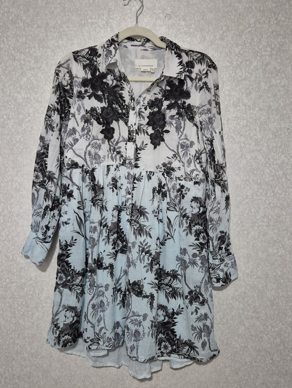 Anthropologie Pale Blue and White Black Floral Embroidery Tiered Shirt Dress-0 - Picture 2 of 13